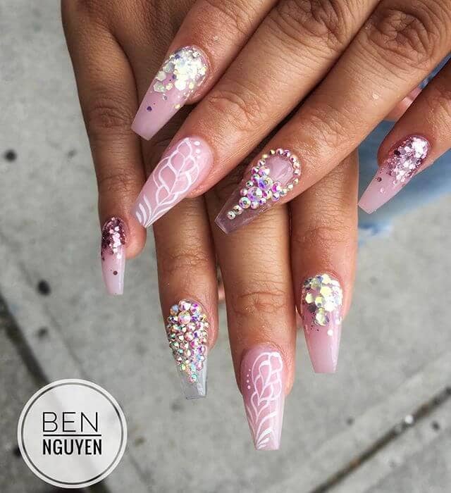 pink and white diamond nails 